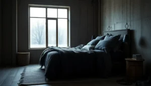 A close up of layered charcoal bedding and frayed linen textures in a grunge bedroom.