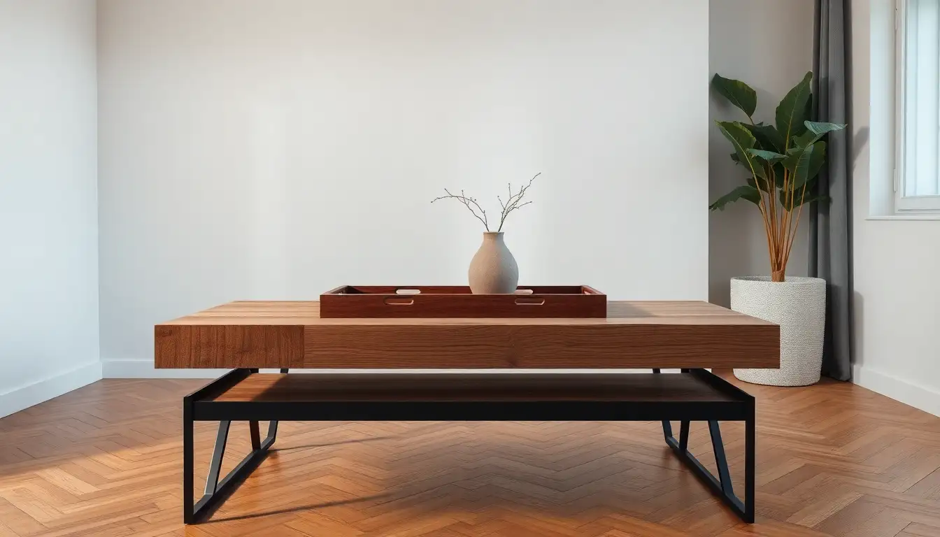 A coffee table with a distressed wood top and black metal legs.