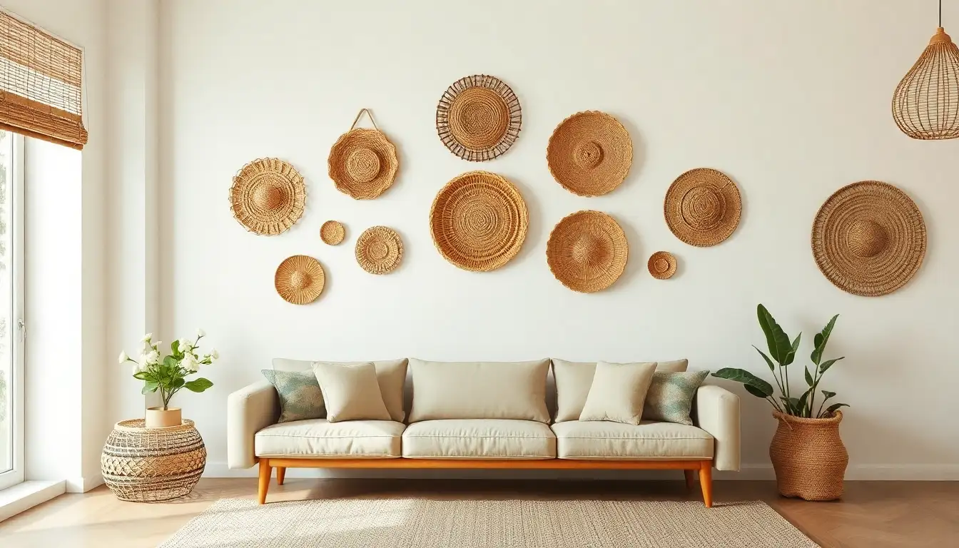 A collection of woven baskets arranged as art on a living room wall.
