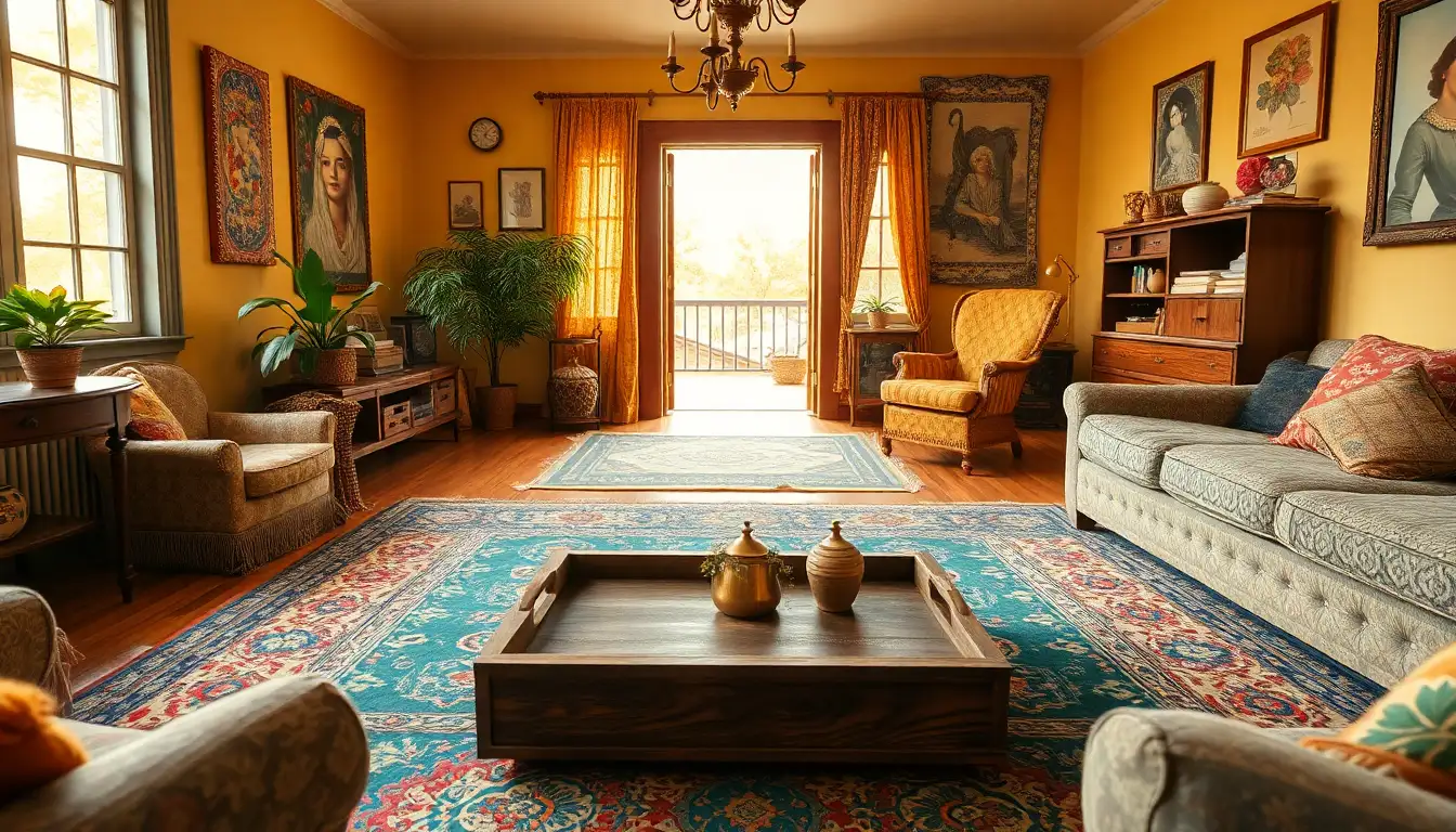 Vintage Eclectic Room Decor A colorful room with a mix of old furniture and bright patterned rugs.