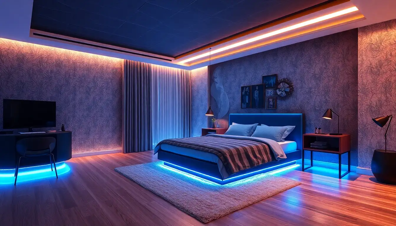 Retro Future Bedroom Glow A cool bedroom with neon blue LED lighting and modern furniture.