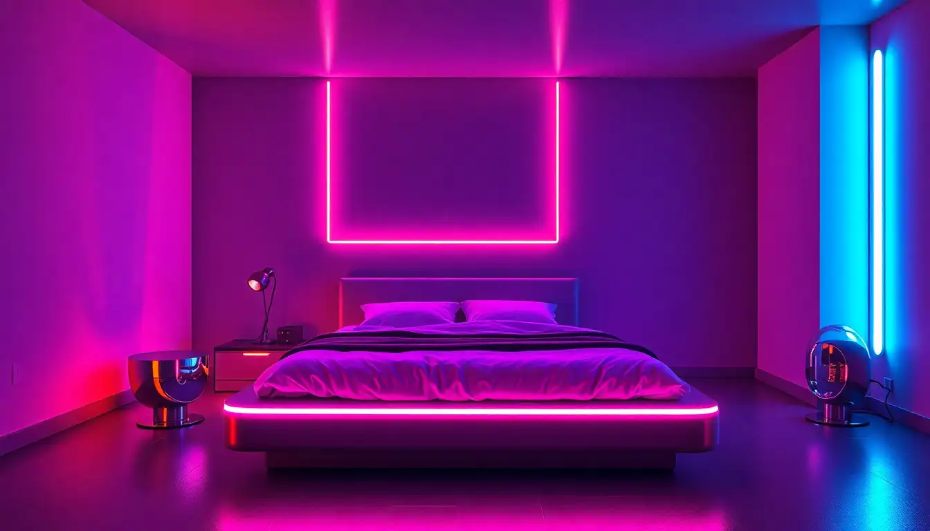 Retro Futurism Neon Lighting A cool modern room with purple and blue neon lights glowing from under the furniture.