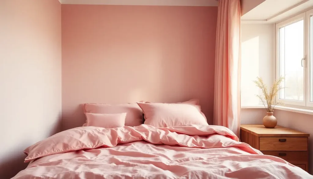 A cozy bedroom with soft pink bedding and pillows on a wooden bed frame
