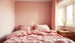 A cozy bedroom with soft pink bedding and pillows on a wooden bed frame