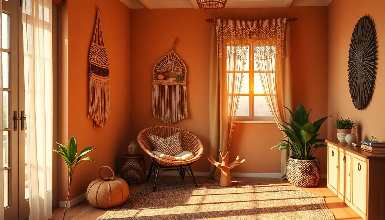 Cozy Boho Reading Nook A cozy boho corner with a rattan mirror and macrame wall art.