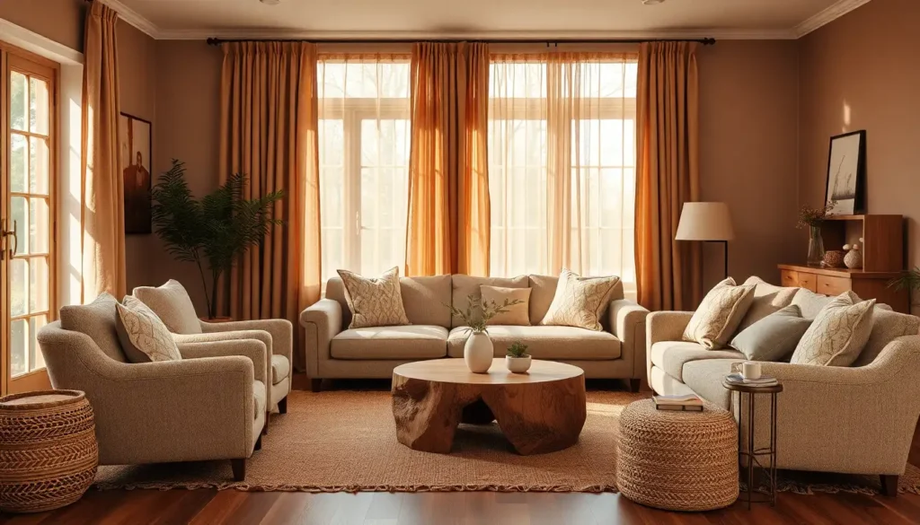 A cozy brown living room with soft boucle chairs and warm wood accents