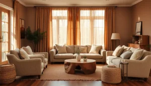 A cozy brown living room with soft boucle chairs and warm wood accents