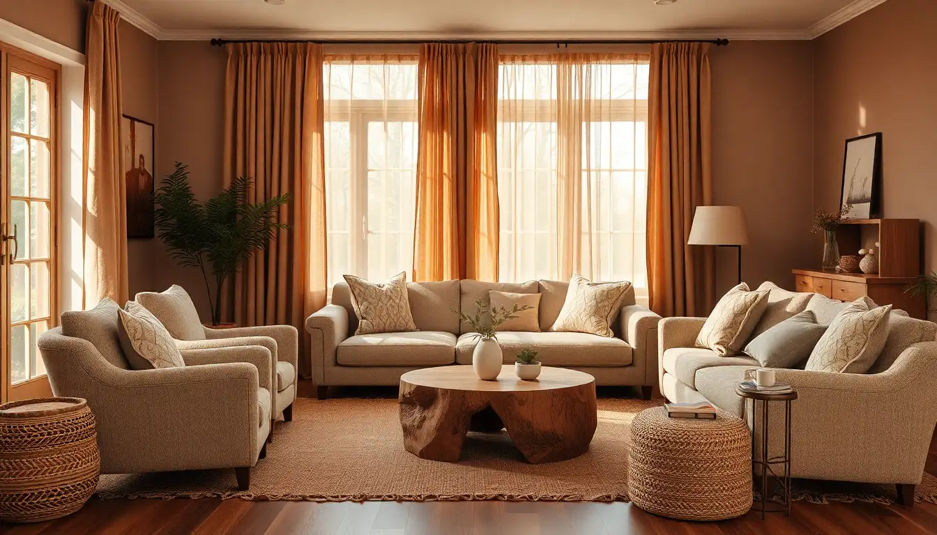Warm Brown Living Room Overview A cozy brown living room with soft boucle chairs and warm wood accents