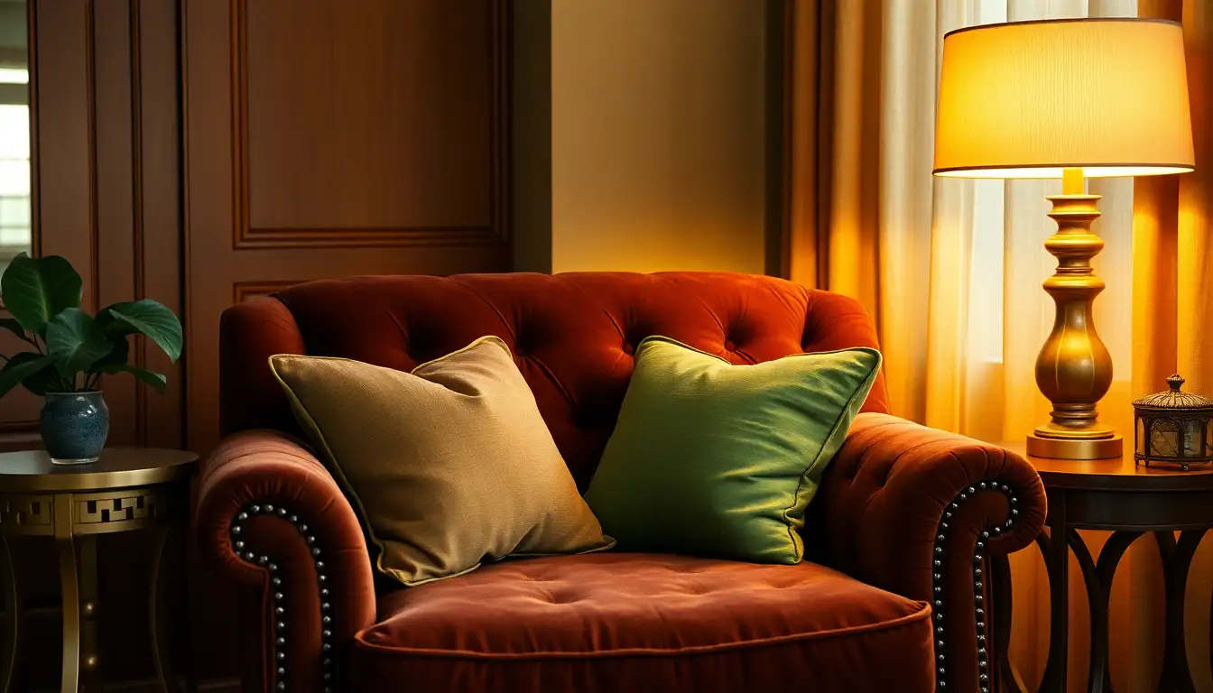 A cozy brown velvet chair with green pillows in a dimly lit room.