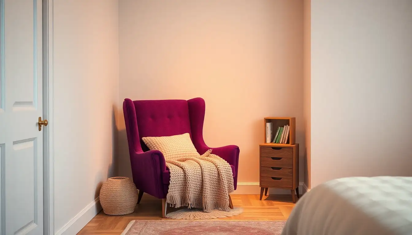 A cozy corner with a dark violet chair and a purple waffle blanket.