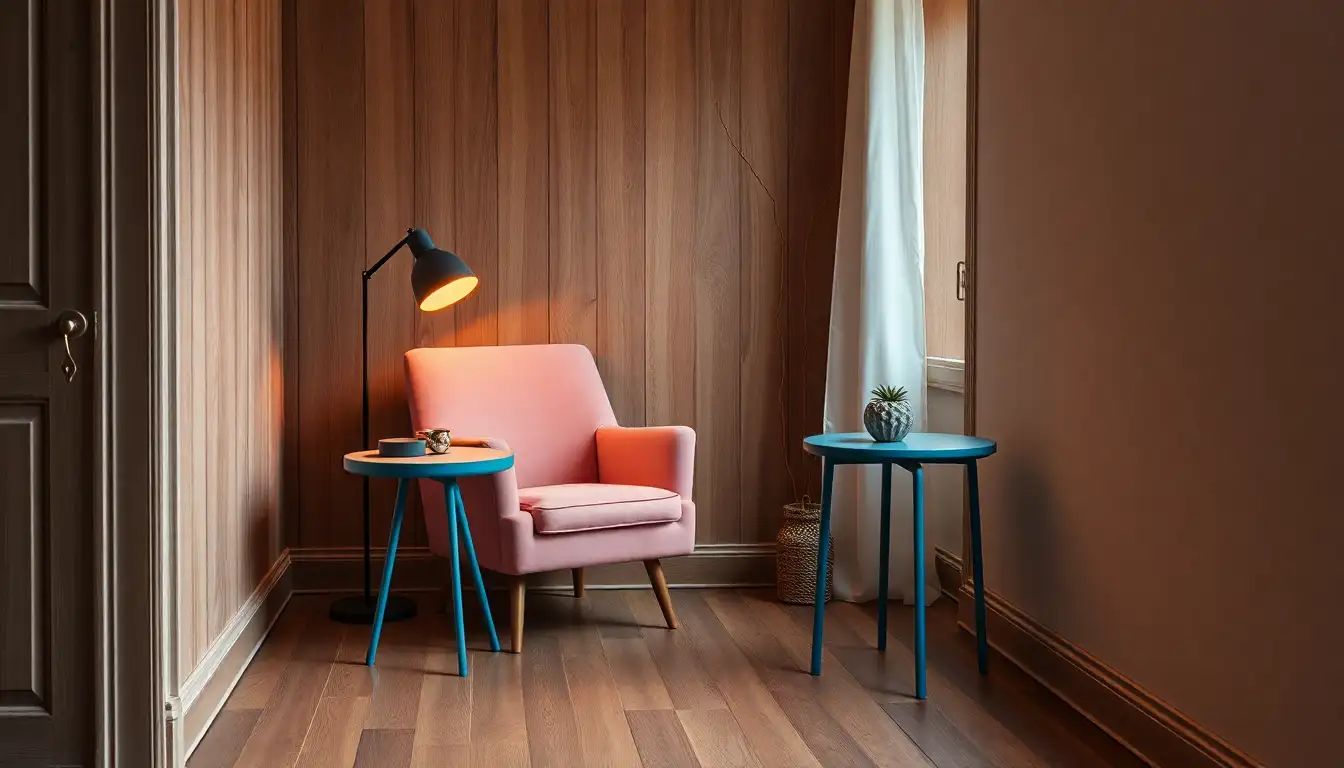 Pink and Blue Reading Corner A cozy reading corner with a pink velvet chair and a small blue table on wood floors.