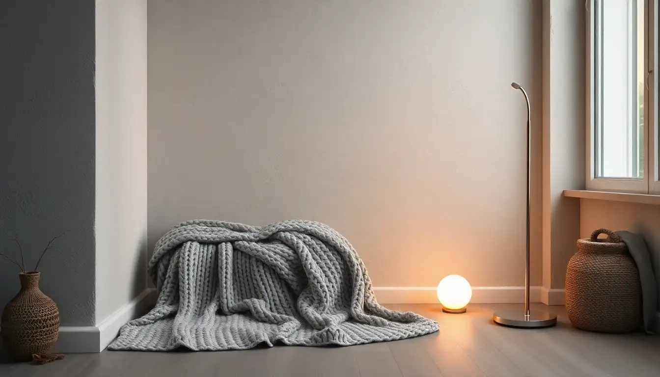 Cozy Scandinavian Hygge Nook A cozy reading nook with a big knitted blanket and a curved floor lamp.