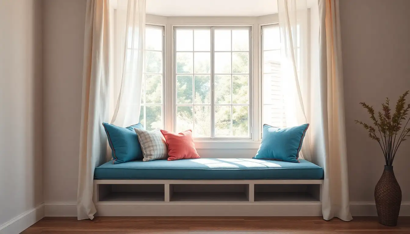 Sunlit Pink and Blue Window Nook A cozy window seat with blue cushions and pink pillows in the sun.