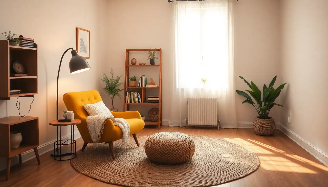 A cozy yellow reading nook with an arc floor lamp and jute rug.