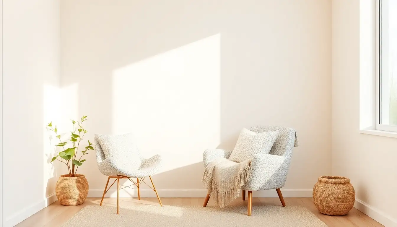 A cream colored room corner with a boucle chair and textured planter.