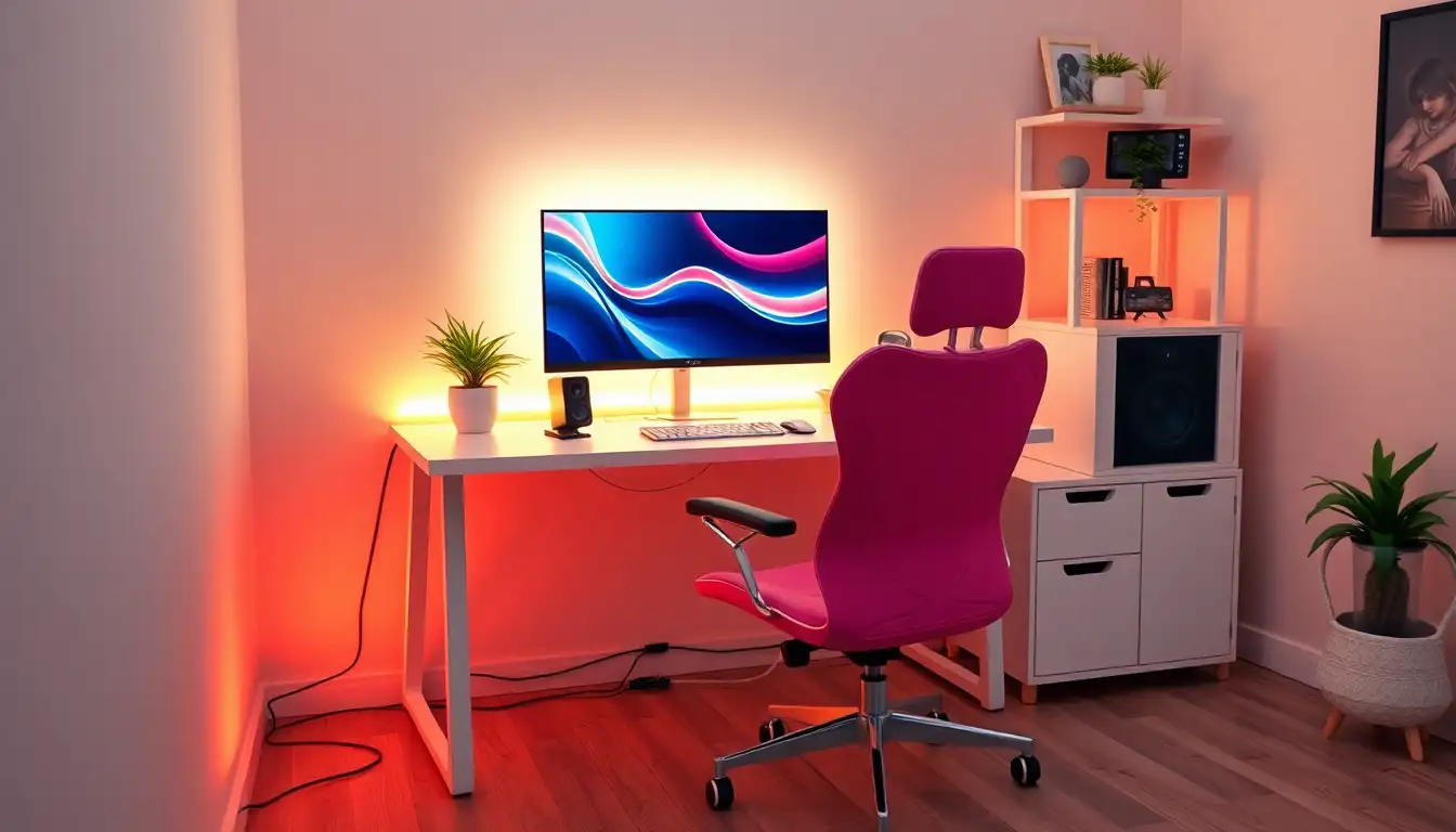 A cute gaming desk setup with a pink chair and soft LED lighting.