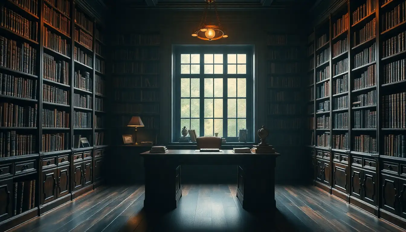 Dark Academia Study Room A dark academia study with books and a vintage wooden desk.