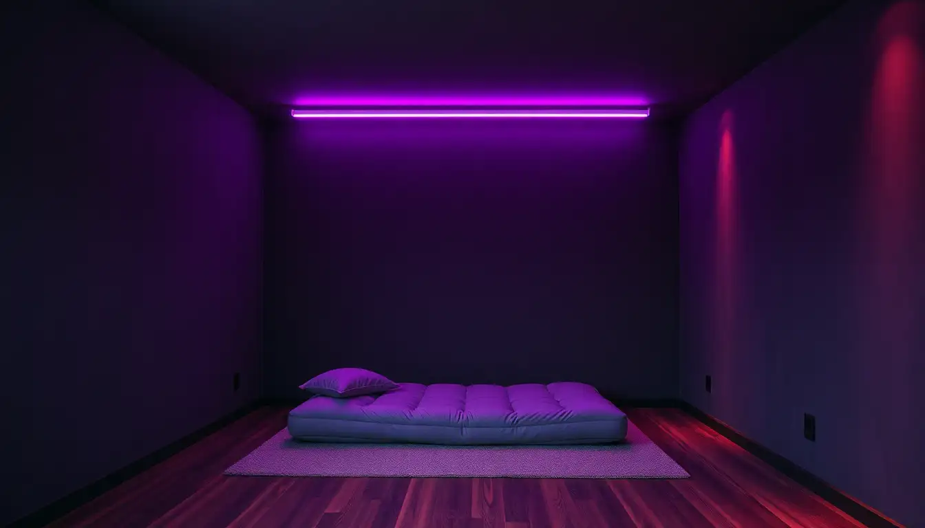 A dark bedroom illuminated by purple and blue neon LED light strips.