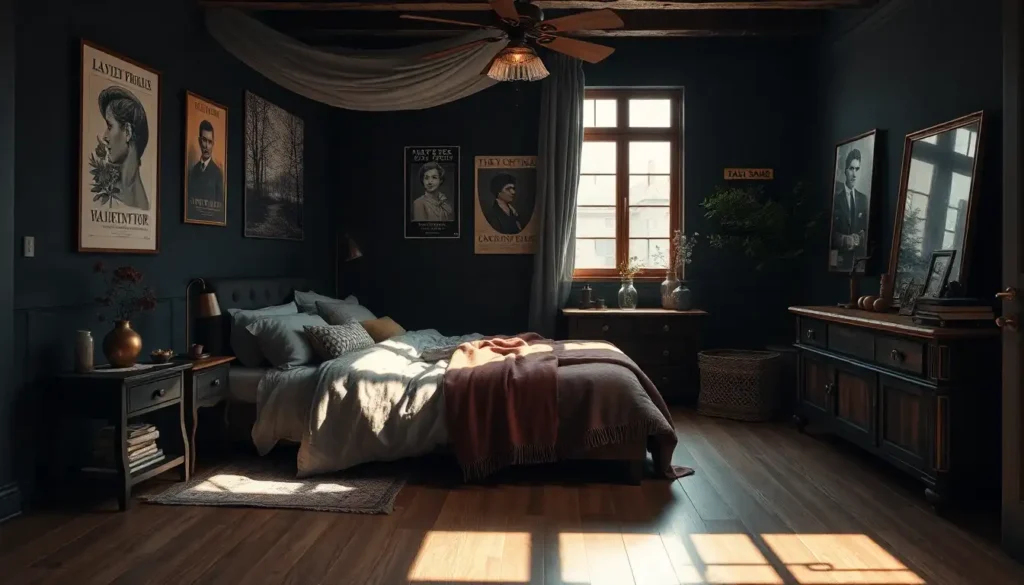 A dark grunge bedroom with posters on the wall and messy bedding