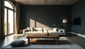 A dark room style lounge with charcoal walls and wood furniture for a dark room aesthetic.