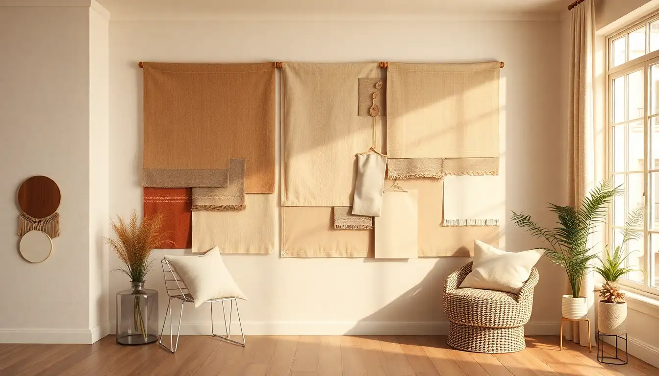 Planning Your Room Style A design workspace with aesthetic room inspiration boards and fabric samples.