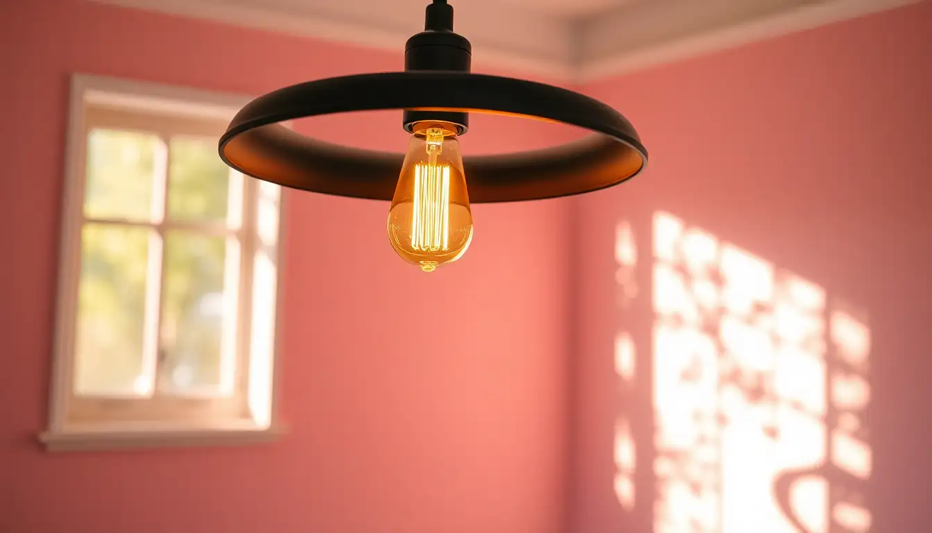 Warm Glow Lamp Lighting A desk lamp with a warm glowing Edison bulb against a soft pink wall