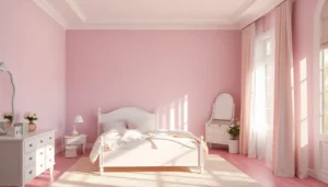 A dreamy lavender and white kawaii bedroom corner with soft morning sunlight.