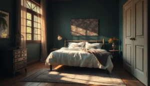 A fairy grunge bedroom with dark green walls and lace bedding