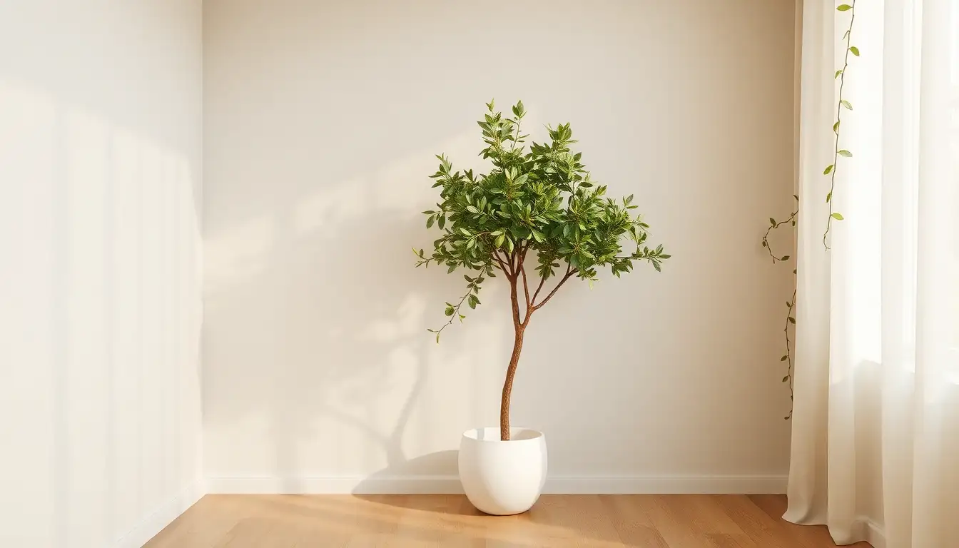 A faux olive tree in a white pot next to wall vines.