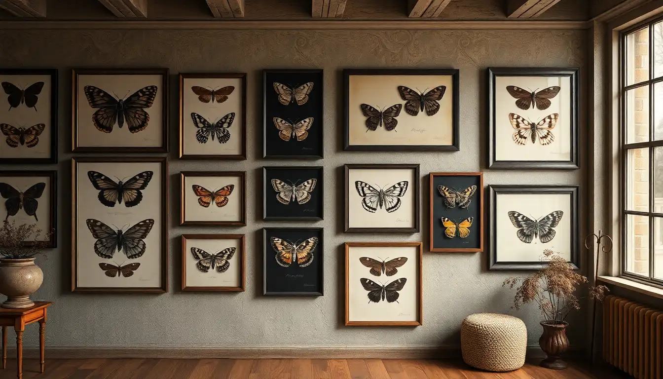 A gallery wall of botanical art and moth prints in vintage frames