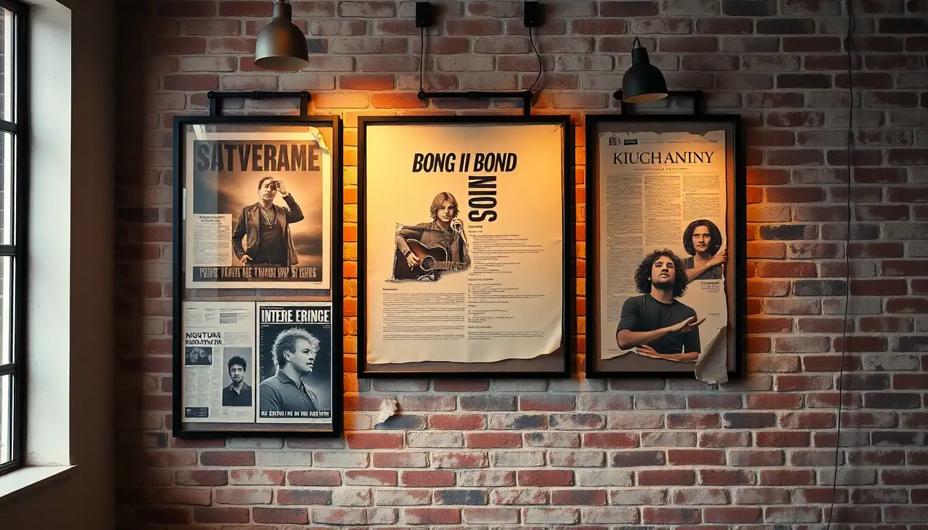 A gallery wall of vintage posters on an exposed brick wall with moody lighting.
