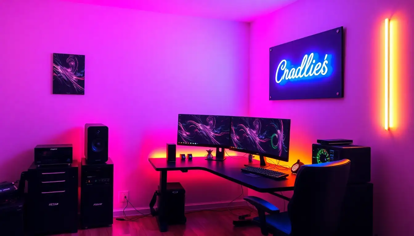 Cyberpunk Gaming Setup A gaming desk setup glowing with pink and blue LED lights and a neon sign.