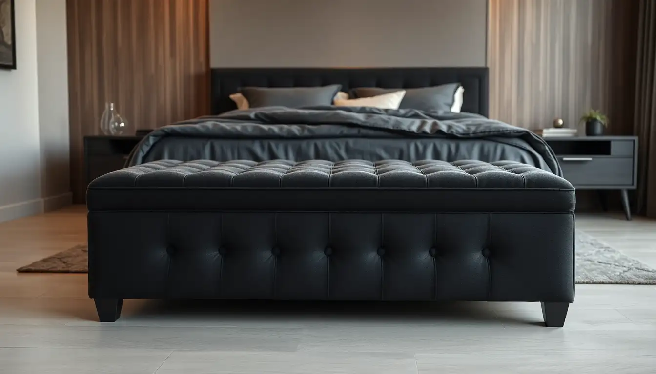 A grey storage bench at the end of a bed