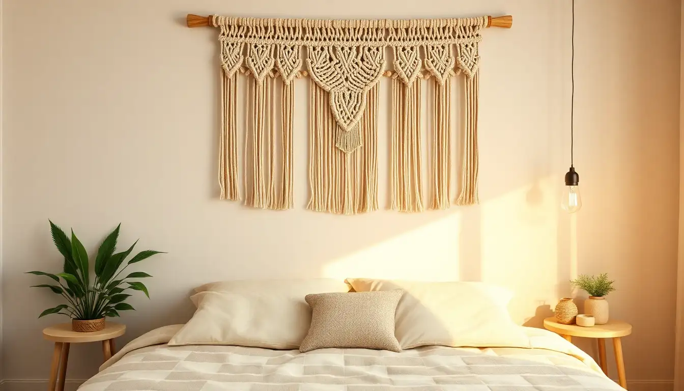 A handwoven cotton macram&eacute; wall hanging on a neutral wall.