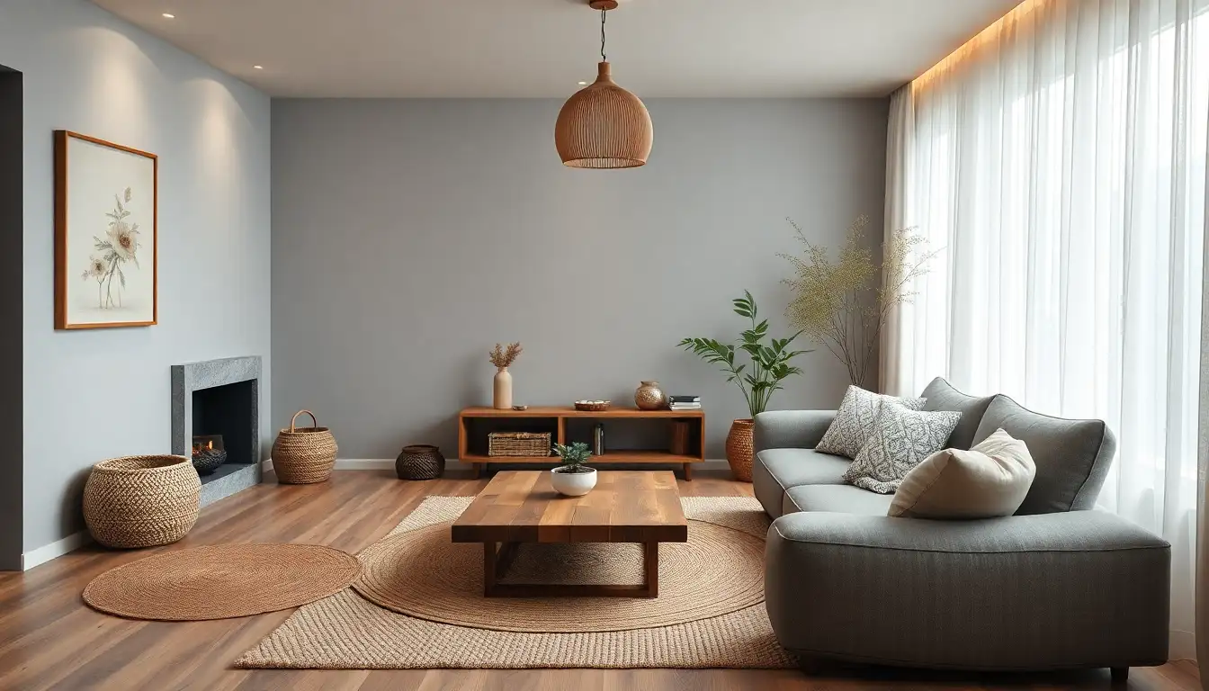 Japandi Style Living Area A Japandi style room with a jute rug and simple wooden furniture.