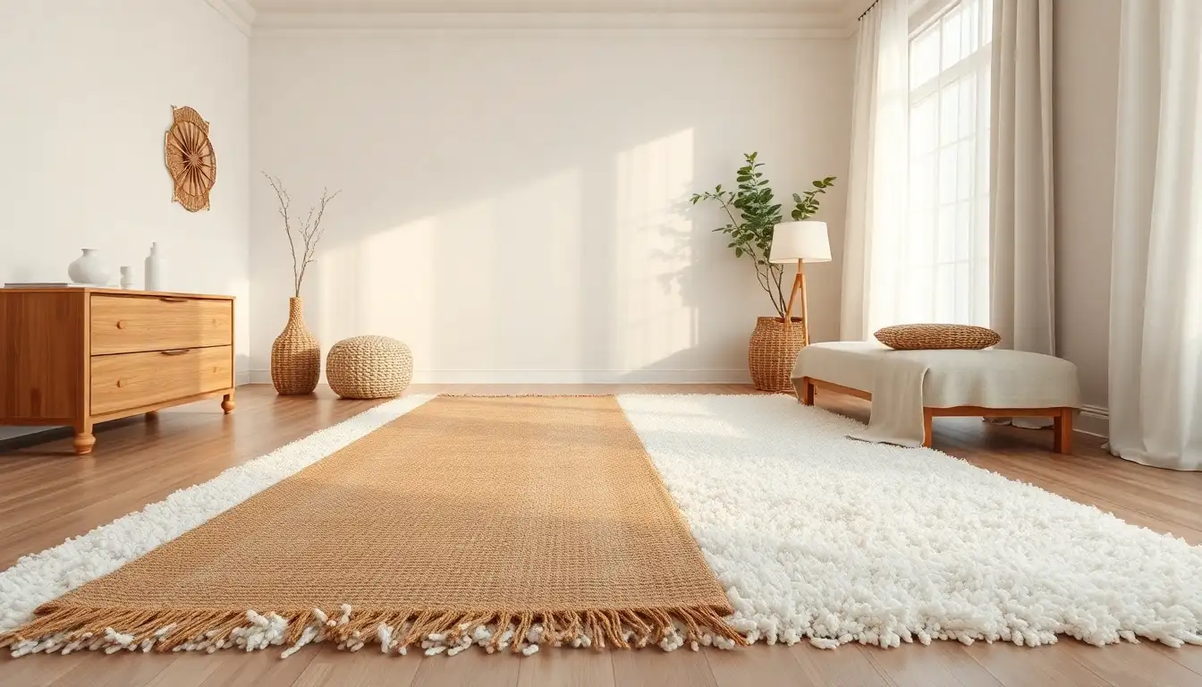 A jute rug layered on top of a white shag rug in a bedroom.
