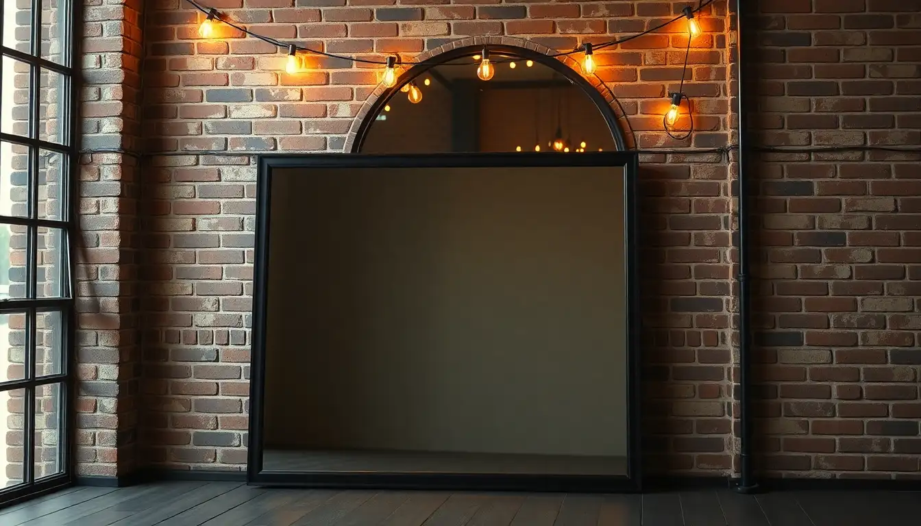 A large black arched mirror against a rustic brick wall for a grunge bedroom aesthetic
