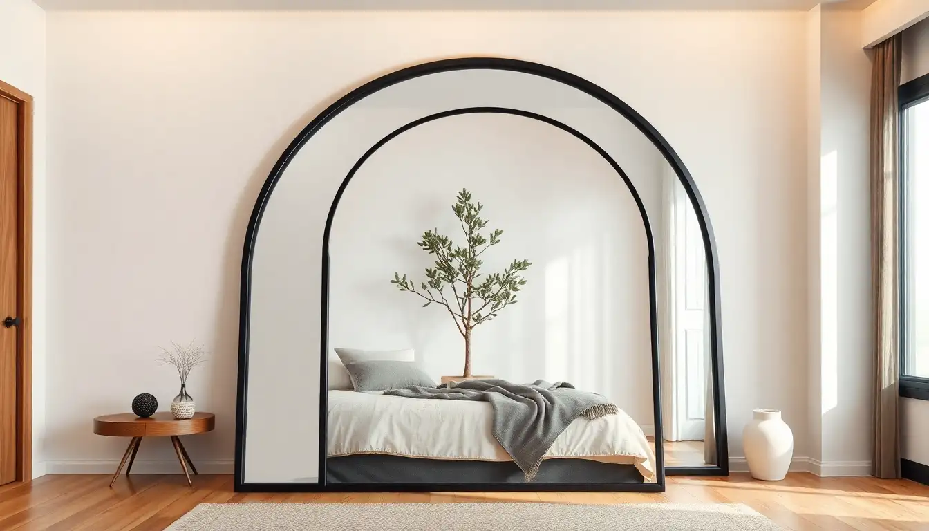 A large black arched mirror reflecting a cozy bedroom setup.