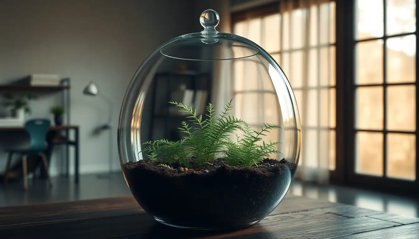 A large glass jar containing a miniature ecosystem of ferns and moss.