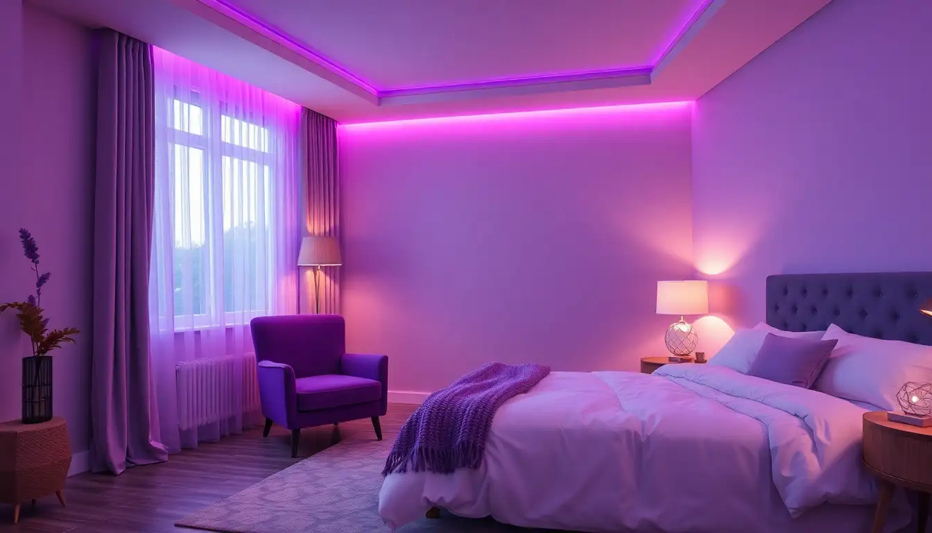 A lavender bedroom with purple smart lighting and a velvet chair.