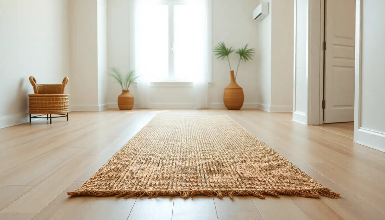 A long jute rug on a wood floor in a bedroom.