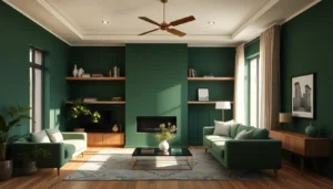 A luxurious living room with a dark green room aesthetic and wood shelves.