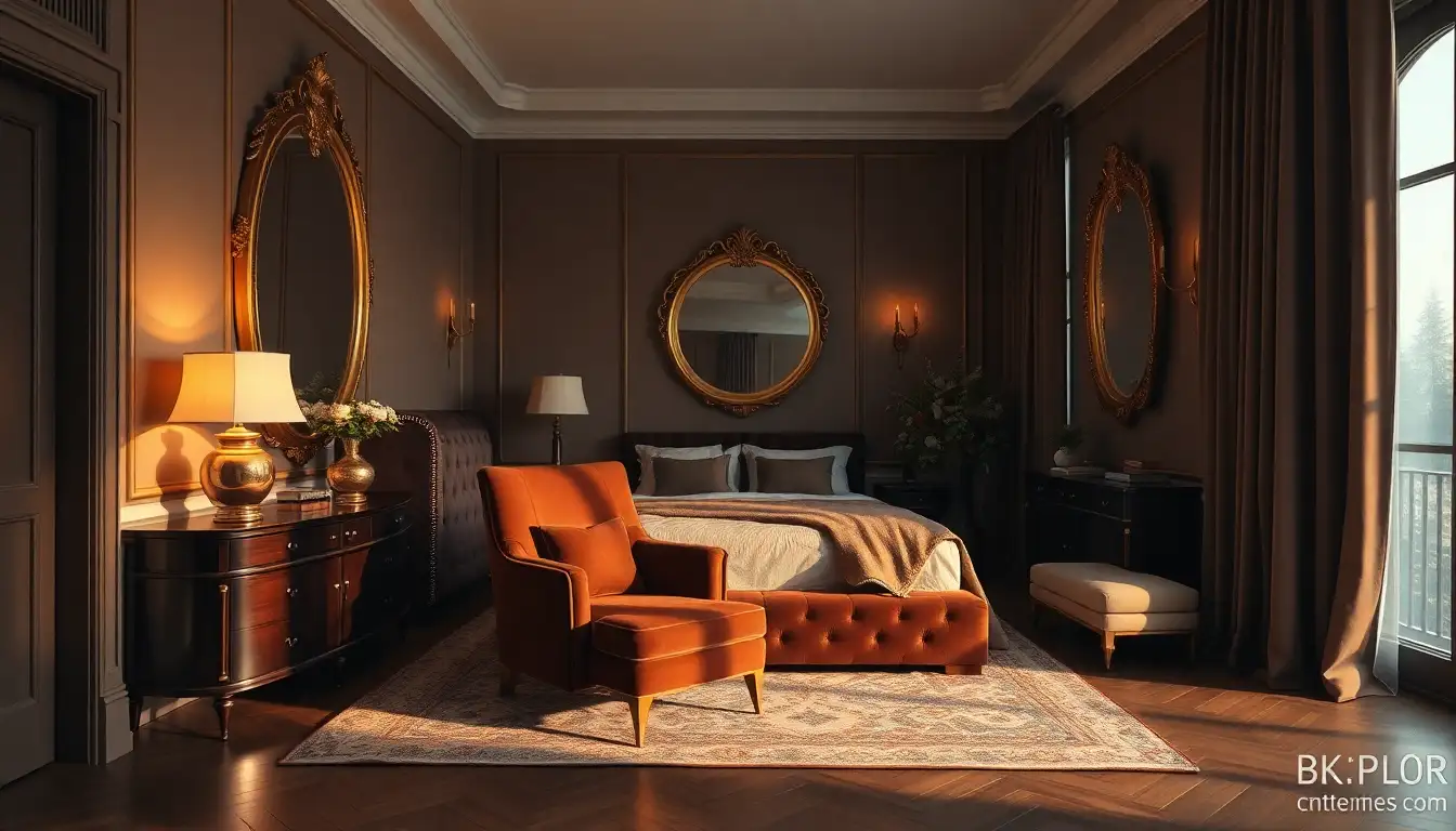 Luxe Velvet Room Decor A luxury bedroom with a brown velvet chair and gold accents.