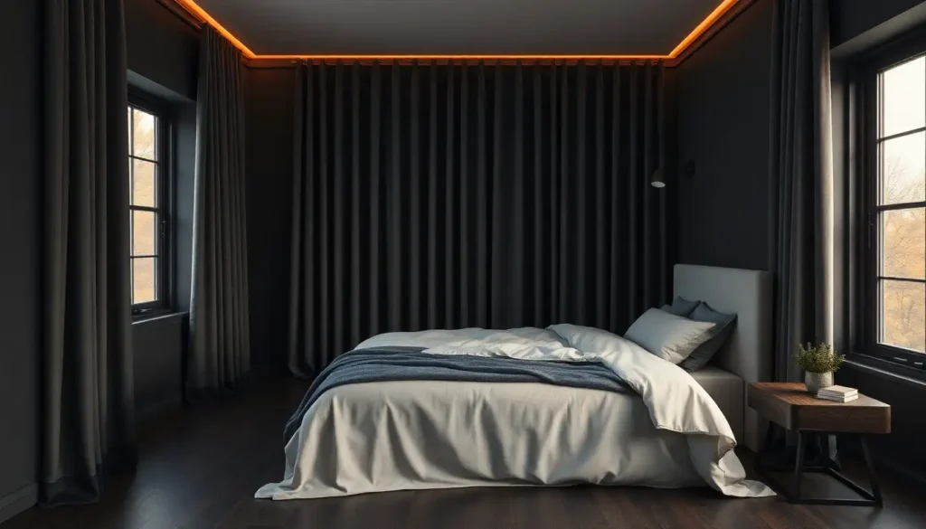 A luxury bedroom with charcoal walls and velvet curtains showcasing the black room aesthetic