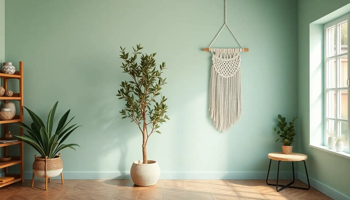 A mint green room with a large faux olive tree and macrame decor.