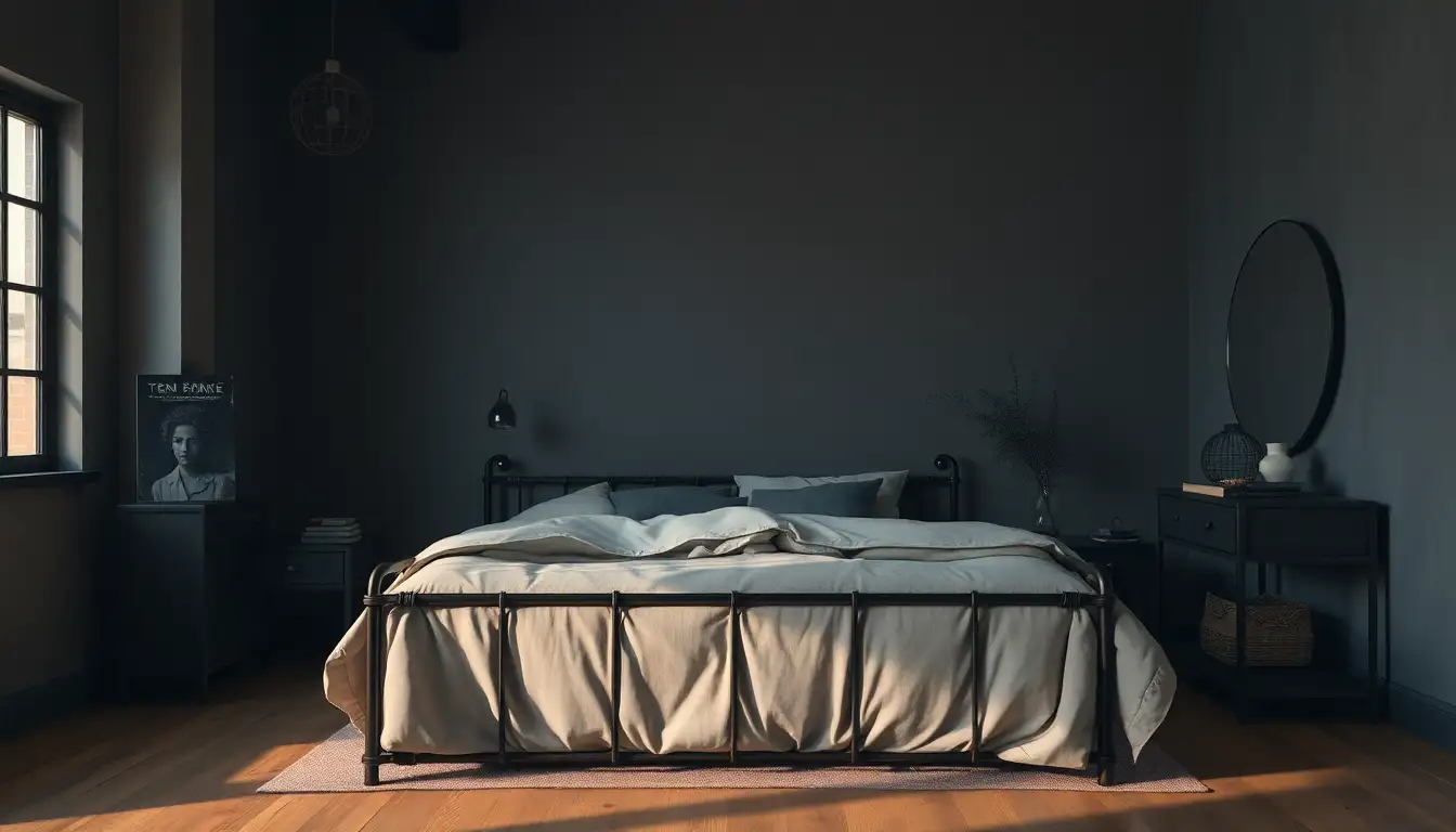 A modern 2026 grunge bedroom with industrial furniture
