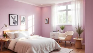 A modern bedroom showing the cute room aesthetic with soft colors and cozy furniture.