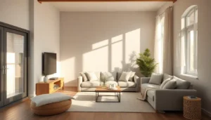 A modern living room showing a diy room decor aesthetic with neutral tones and natural materials.
