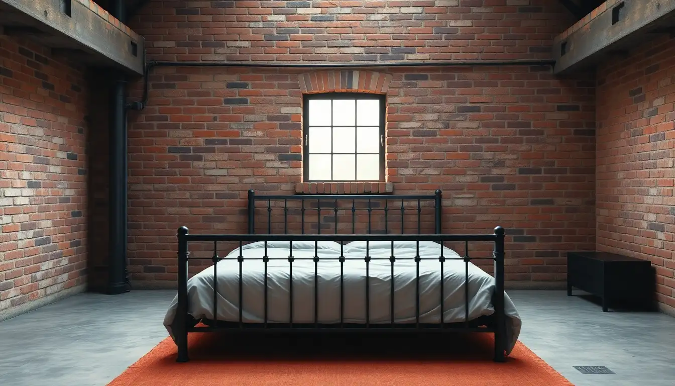 Industrial Loft Style Room A modern loft room with a brick wall and black metal furniture.