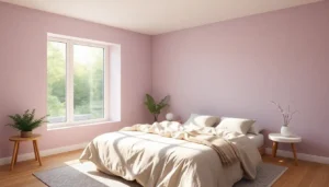 A modern pastel aesthetic bedroom with soft lavender walls and linen bedding in morning light.